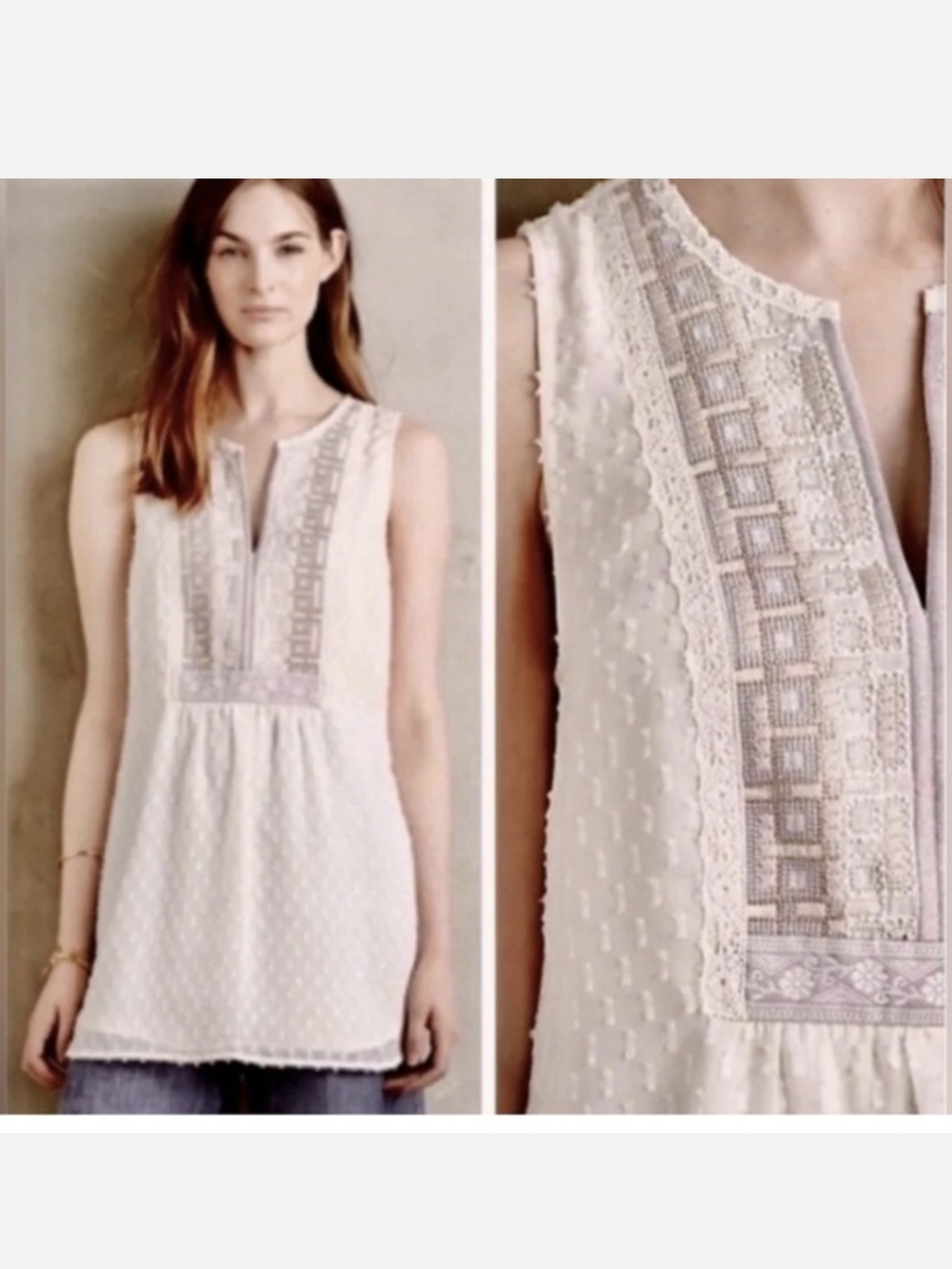 Anthropologie One September Sleeveless Ivory Embroidered Tunic Top Large